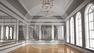 Large empty hall with wooden floors, large windows and mirrors. Dance studio.