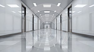 A large, empty hallway with white walls and black doors