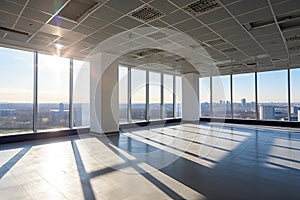 Large empty light office overlooking the city. Generative ai