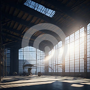 Large Empty Metal Factory Hangar, Big Windows With Sunrays Trough Dust, Generative AI