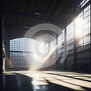 Large Empty Metal Factory Hangar, Big Windows With Sunrays Trough Dust, Generative AI