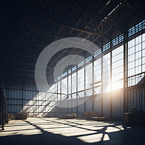 Large Empty Metal Hangar, Big Windows With Sunrays Trough Dust, Generative AI