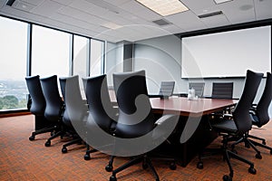 Large Empty Modern Meeting, Presentation Screen Board Seminar Hall Interior Row of Seats, Conference Room for Business Training,