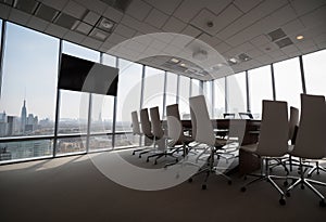 Large Empty Modern Meeting, Presentation Screen Board Seminar Hall Interior Row of Seats, Conference Room for Business Training,