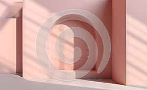 Large empty pastel pink coral wall room facade design with natural shadow. Banner template