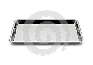 A large, empty, rectangular metal baking tray on a white background