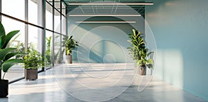 A large, empty room with a blue wall and a green ceiling by AI generated image