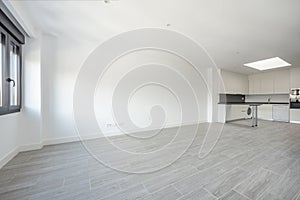 Large empty room with a kitchen at one end