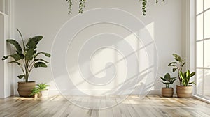 A large empty room with a white wall and a window