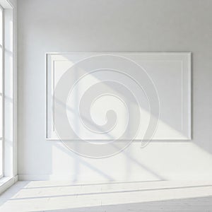 A large empty white picture frame on a wall in a plain white room interior