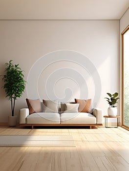 Large, empty white room with couch and two potted plants. One of potted plants is placed on top of couch while another
