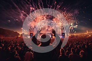 A large and enthusiastic crowd is captivated by a stunning fireworks show during a lively concert, Rear view of people in audience