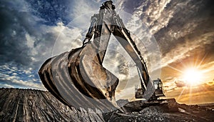 Large Excavator in a Coal Mine with Dramatic Sky at Sunset - Generative Ai