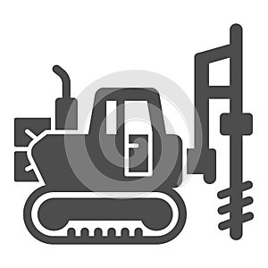Large excavator with drill solid icon, heavy equipment concept, Excavator with hydraulic hammer sign on white background