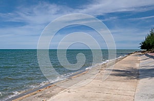 Large expanse of concrete revetment near shoreline