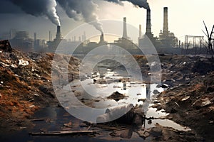 Large Factory Emitting Smoke From Stacks, Industrial landscape featuring a polluted river, depicting environmental disaster, AI