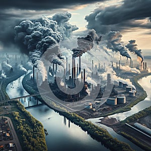 A large factory with smoke pouring out of it's stacks. Concept air pollution and global warming