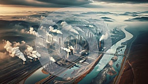 A large factory with smoke pouring out of it's stacks. Concept air pollution and global warming