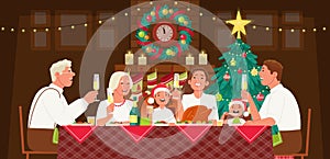 Large family celebrates Christmas or New Year. Grandma and grandfather, mom, dad and children are sitting