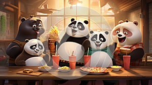 Large family of cute fluffy pandas having fun eating various fast food,french fries,hamburgers and drinking dirty soda