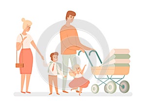 Large family. Parents and children. Happy mother, father and baby, son and daughter. Parenthood vector illustration