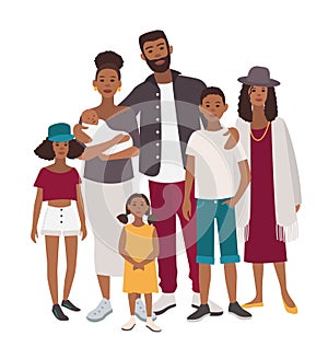 Large family portrait. African mother, father and five children. Happy people with relatives. Colorful flat illustration