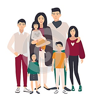 Large family portrait. Asian mother, father and five children. Happy people with relatives. Colorful flat illustration.