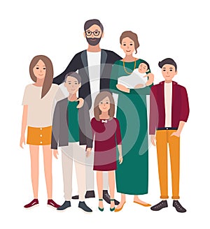 Large family portrait. European mother, father and five children. Happy people with relatives. Colorful flat