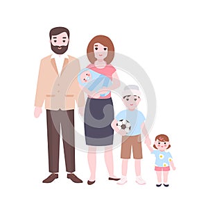 Large family portrait. Mother holding newborn baby, father, and children standing together. Adorable cartoon characters