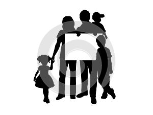 Large family silhouette holds banner blank white sheet for text space