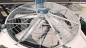 Large fan blades at the factory close-up. Large rotating blades close-up. Cooling Tower Blades