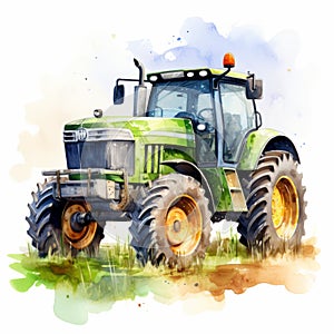 Watercolor Farm Tractor Clipart: Speedpainting Style With Realistic Details photo
