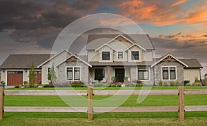 Large Farmhouse Front Exterior Mansion Maison House Fiery Sunset Sky Background