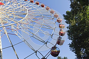 A large Ferris wheel in an amusement park with red and yellow cabins on a blue sky background. Trees in an amusement