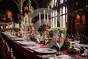 A large festive table in a castle