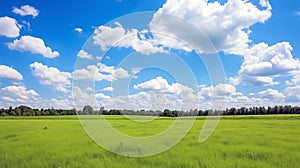 A large field of green grass and forest under the blue sky and white clouds