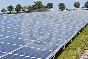Large field with hundreds of solar panels mounted on the ground, location Heerhugowaard