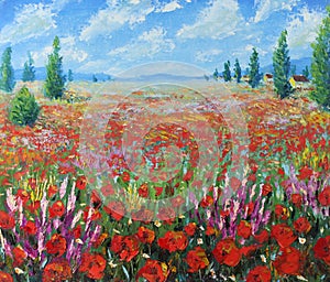 A large field of red flowers, clouds