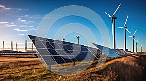 Large field with rows of solar panels, which are generating electricity. There is also windmill in background, adding