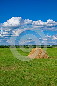 A large field with a single haystack, green grass, and a clear sky with scattered clouds