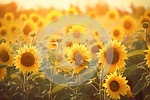 a large field of sunflowers with the sun shining through the leaves and the sun shining down on the flowers in the background