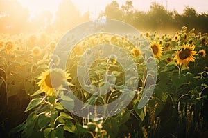 a large field of sunflowers with the sun shining through the trees in the background and a foggy sky in the foreground