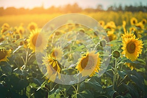 a large field of sunflowers with the sun shining through the trees in the background and the sky in the foreground, with the sun