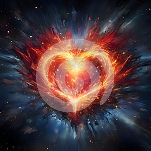 Large fiery flaming heart on a dark background. Heart as a symbol of affection and