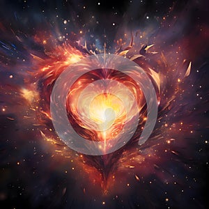 Large fiery flaming heart on a dark background. Heart as a symbol of affection and