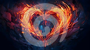 Large fiery flaming heart on a dark blue background