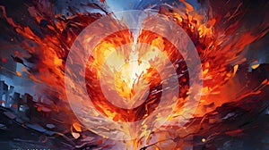 Large fiery flaming heart on a dark blue background