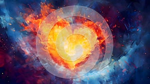 Large fiery flaming heart on a dark blue background