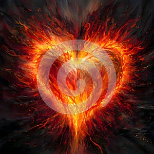 Large fiery flaming heart on a dark blue background