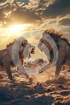 large fight lions in the desert with golden sunset